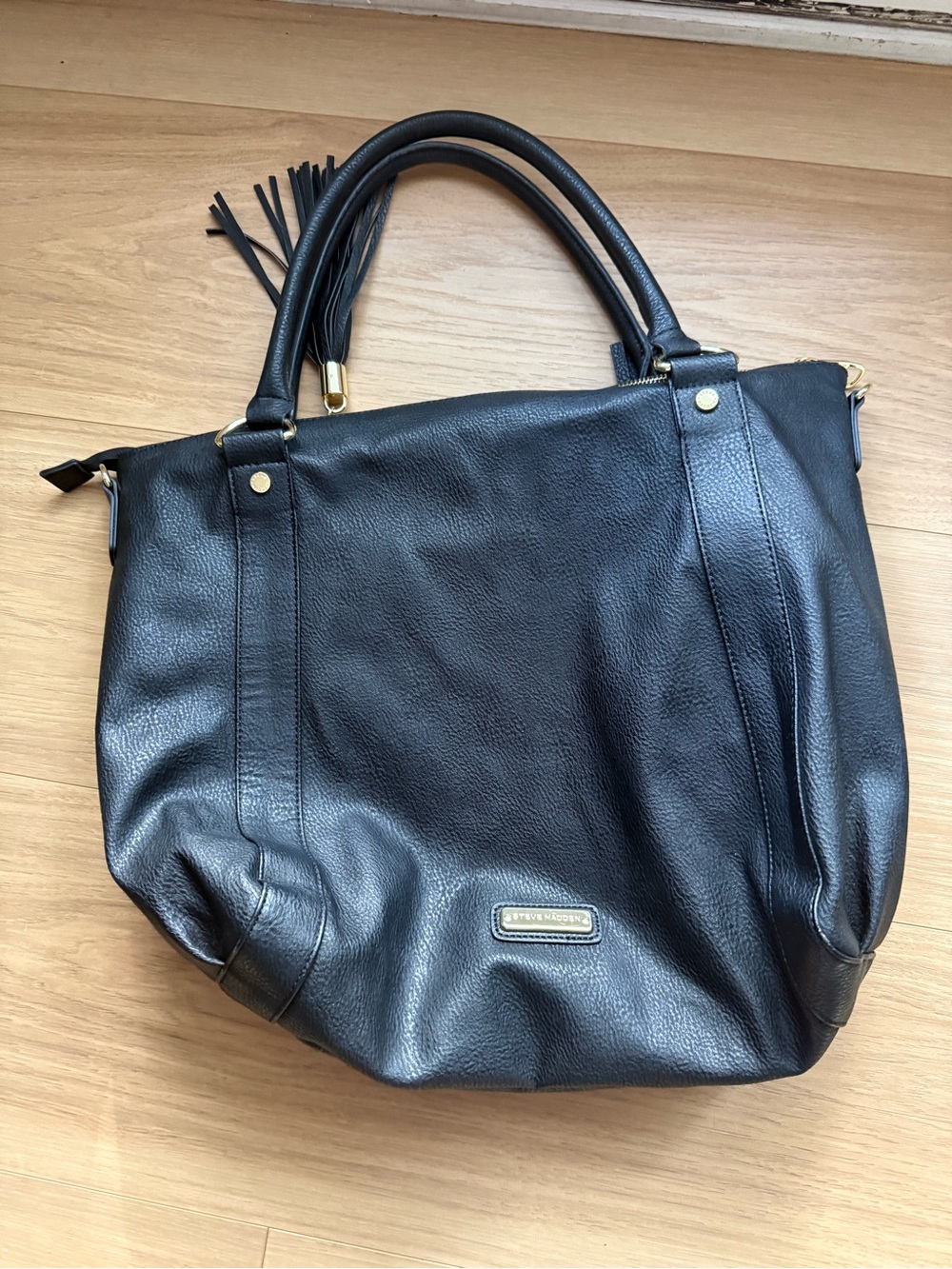 Steve Madden Black Pebbled Leather Tote with Tassel Accent
